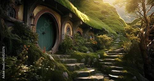 Landscape with hobbit house in the county, fantasy and fiction concept. Generative AI