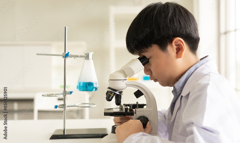 Children scientist learning on biology and chemistry in the laboratory. A STEM education learning concept. An Asian student boy using microscope in a STEM class lab at school. Children scientist learning on biology and chemistry in the laboratory. A STEM education learning concept. An Asian student boy using microscope in a STEM class lab at school.