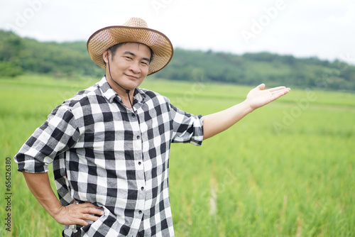 Asian man farmer wears hat, plaid shirt, pose hand on waist and make hand gesture to present at paddy field. Concept, agriculture occupation.Thai farmer. Working with nature. Organic farming