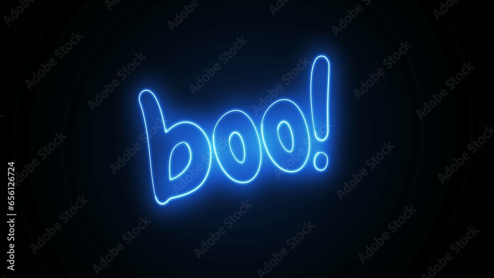 Boo text font with neon light. Luminous and shimmering haze inside the letters of the text Boo. BOO! neon sign. Boo text font with neon light. Luminous and shimmering haze inside the letters of the text Boo. BOO! neon sign.