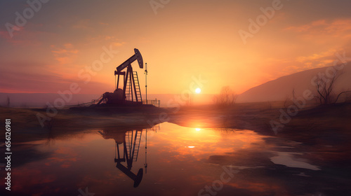 Silhouette of oil pump at oil field oil rig energy industrial machine for petroleum in the sunset background. Oil industry, petroleum production, pump jacks, drill rigs photo