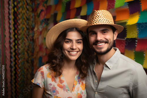 smiling african american couple in straw hats looking at camera in studio. festa junina, festival concept photo