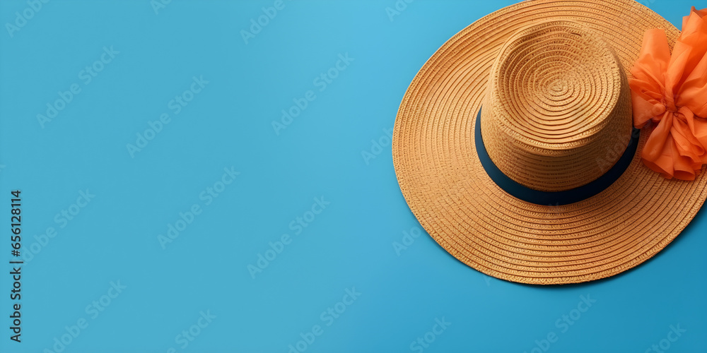 Straw hat on blue background with copyspace. Flat lay, top view, for banner background
