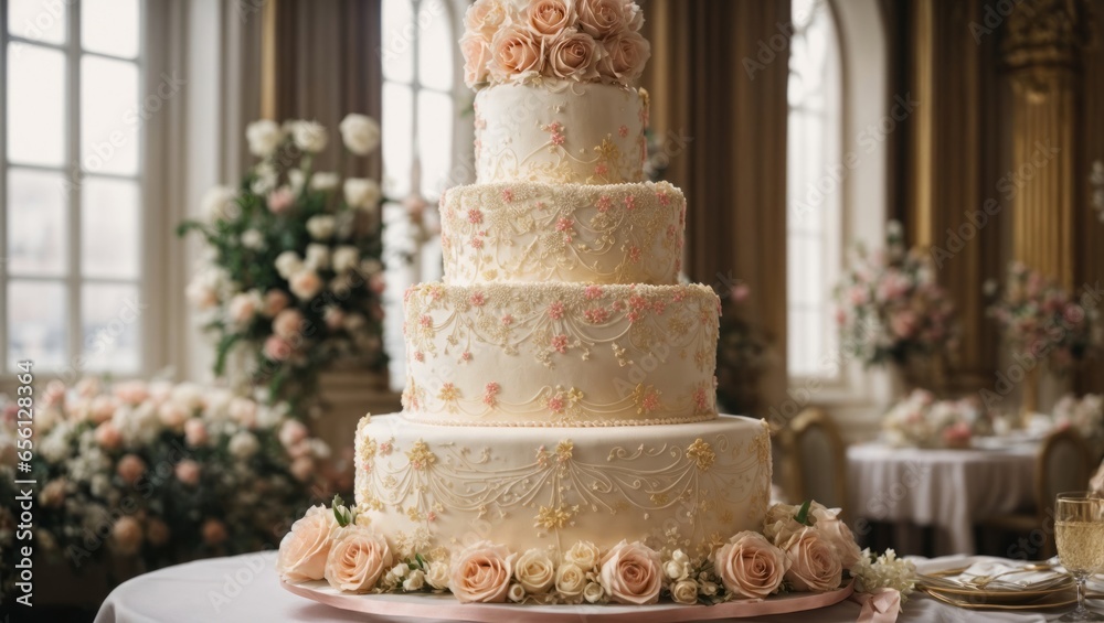 A tiered wedding cake decorated with flowers