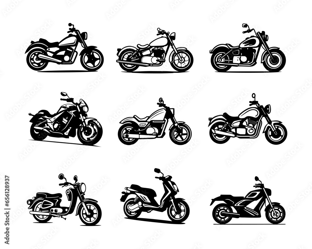A set collection of cruiser motorbike vector illustrations