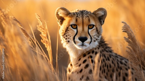 Graceful cheetah pauses  alert  amidst golden savanna grass 