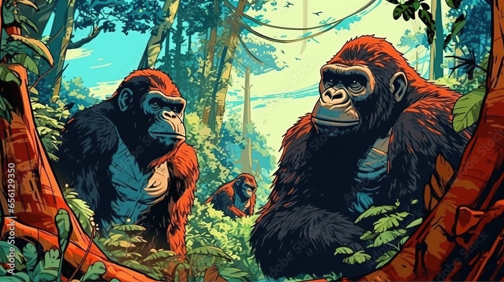 Obraz premium Powerful gorillas in a jungle habitat. Fantasy concept , Illustration painting.