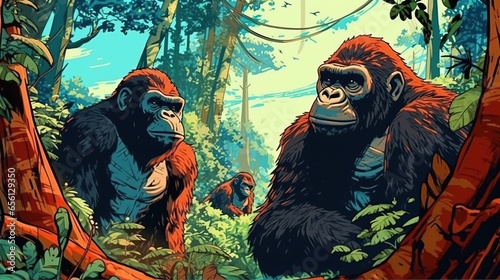 Powerful gorillas in a jungle habitat. Fantasy concept , Illustration painting.