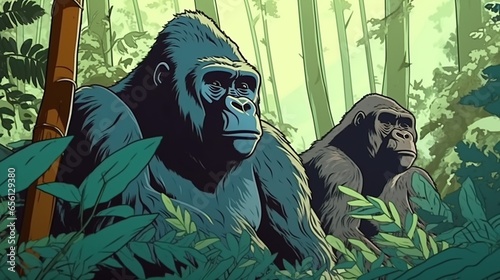 Powerful gorillas in a jungle habitat. Fantasy concept , Illustration painting.
