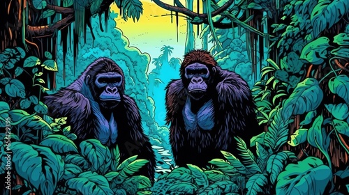 Powerful gorillas in a jungle habitat. Fantasy concept , Illustration painting.