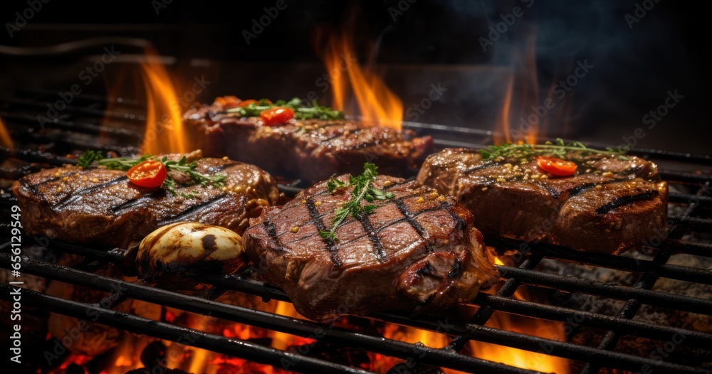 Grilled meats sizzling on a BBQ, with flames and smoky aroma