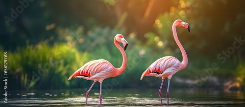 American Flamingo gracefully strolling in a pond with lush greenery
