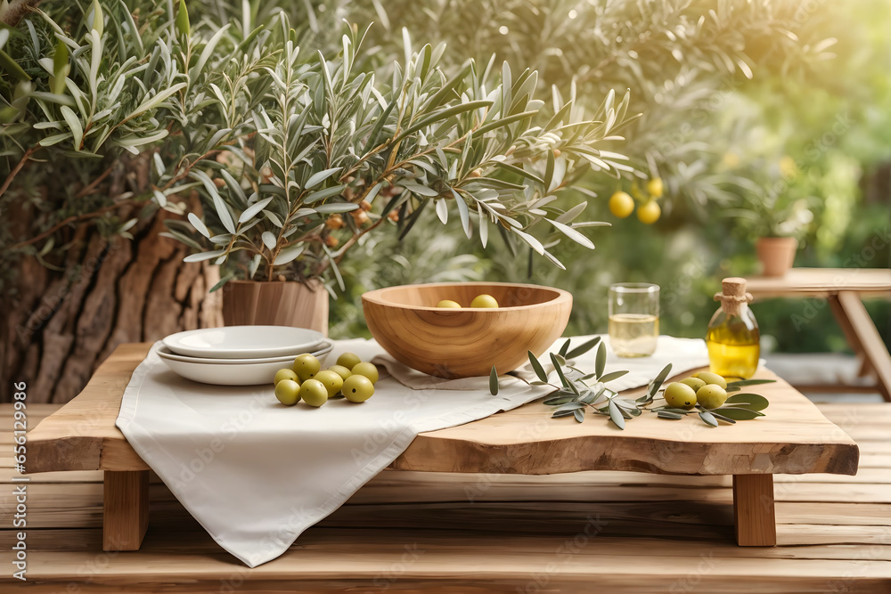 Natural wooden table and organic cloth with olive tree plant and blurred background.