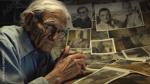 Reflective elderly person reminiscing over old photographs. Fantasy concept , Illustration painting.