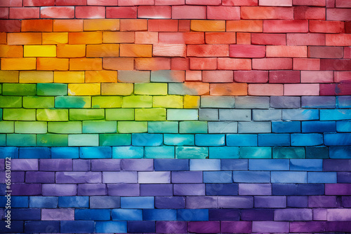 Rainbow colored brick wall background. Flag of LGBT painted in colors on a brick wall.
