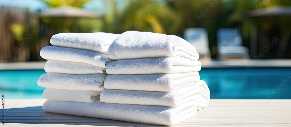 Hotels with swimming pools often have a pile of white towels for laundry - obrazy, fototapety, plakaty 