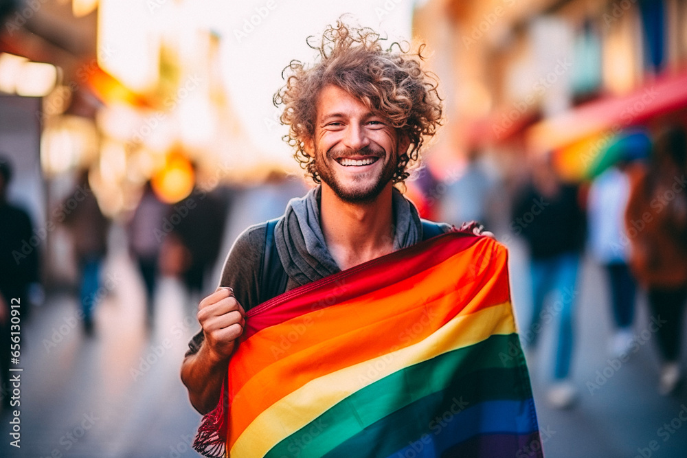 Beautiful smiling young happy man holds rainbow flag Beautiful smiling young happy man holds rainbow flag