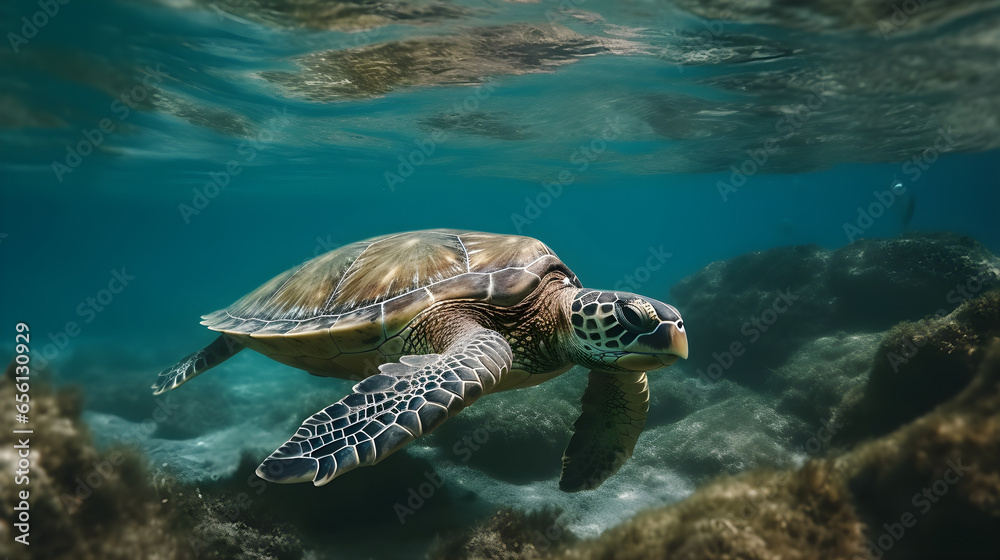 Obraz premium Turtle swims underwater in the sea. closeup, Tropical coral reef fauna, nature concepts