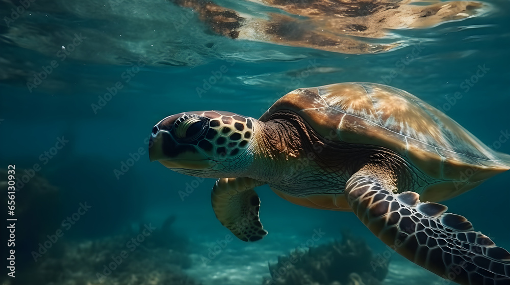 Obraz premium Turtle swims underwater in the sea. closeup, Tropical coral reef fauna, nature concepts