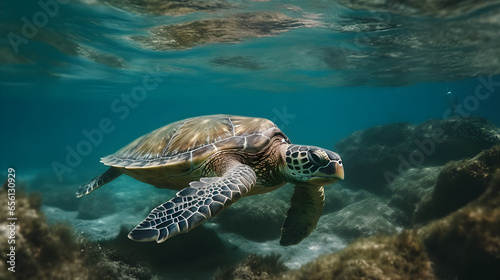 Turtle swims underwater in the sea. closeup  Tropical coral reef fauna  nature concepts