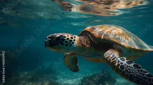 Turtle swims underwater in the sea. closeup, Tropical coral reef fauna, nature concepts © Canities