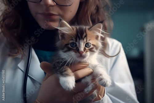 Veterinarian in blue gloves holding a kitten in his hands. Animal clinic. Pet check and vaccination. Healthcare