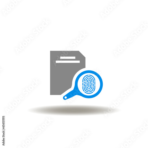Vector illustration of list document with magnifier and fingerprint. Icon of criminal record. Symbol of investigation.