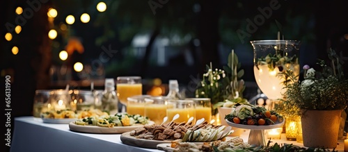 Wedding reception table with snacks lemonade candles and decor set against a lush lawn backdrop
