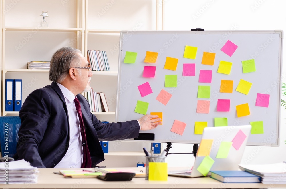 Aged man employee in conflicting priorities concept Aged man employee in conflicting priorities concept