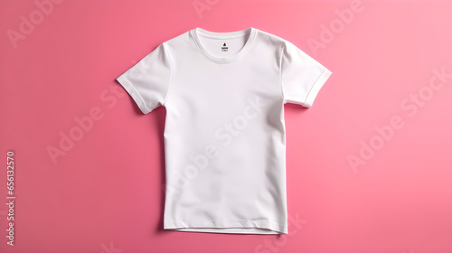 White t-shirt mockup on pink background with copyspace, Flat lay, top view, for print, product presentation, product display