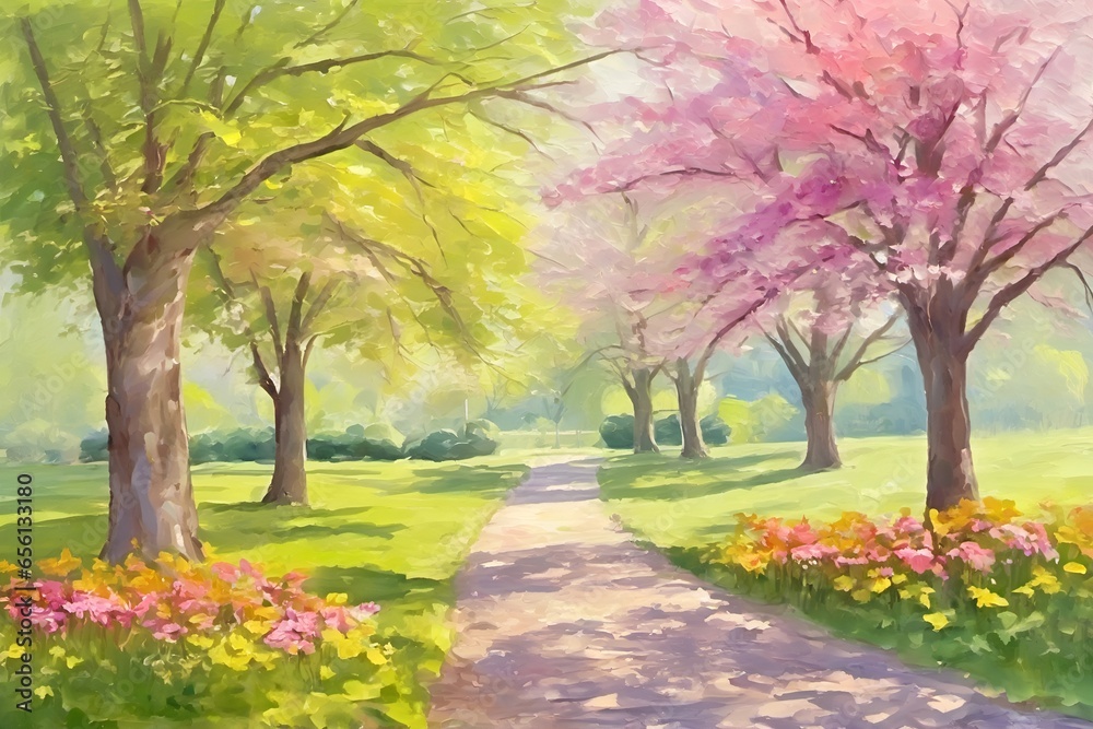 Naklejka premium Digital Oil Paintings Landscape Capturing Spring in the Park Through Fine Art