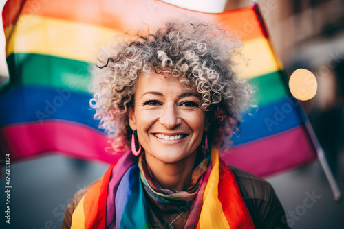 Beautiful smiling young happy old woman holds rainbow flag