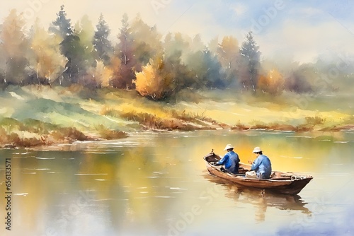 Fishermen Fishing from a Boat Angling in Rivers and Lakes