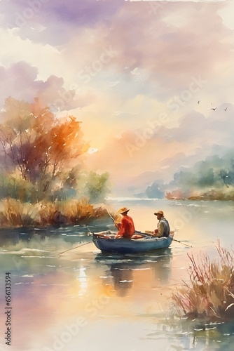 Fishermen Fishing from a Boat Angling in Rivers and Lakes
