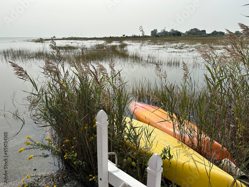 Upside down canoes tied up in a marsh in Guilford, Connecticut (CT)  photo