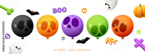 Set of round shape helium balloons face scary ghost in black and orange, purple green colors. Festive decorative element in realistic 3d design. Decor for Halloween. vector illustration
