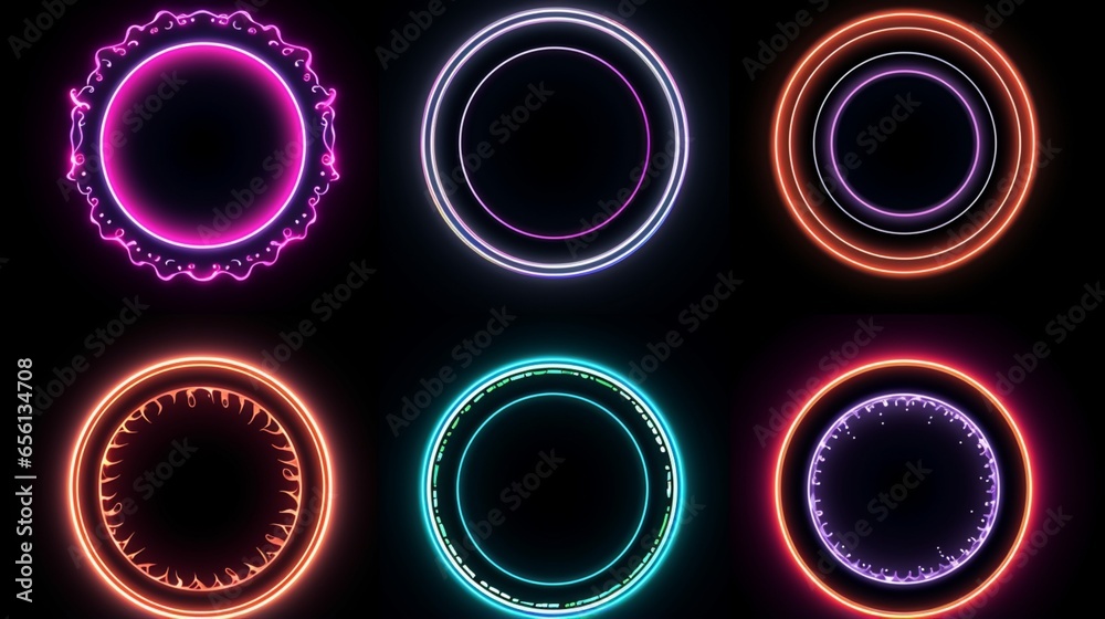 Set of glowing neon color circles round curve shape with wavy dynamic lines isolated on black background technology concept. Circular light frame border. You can use for badges, price tag, label - obrazy, fototapety, plakaty 