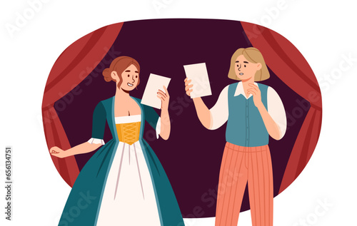 Actors on stage concept. Man and woman with scenario at scene. Theater performance, cultural rest and leisure. People at stage near red curtains. Cartoon flat vector illustration