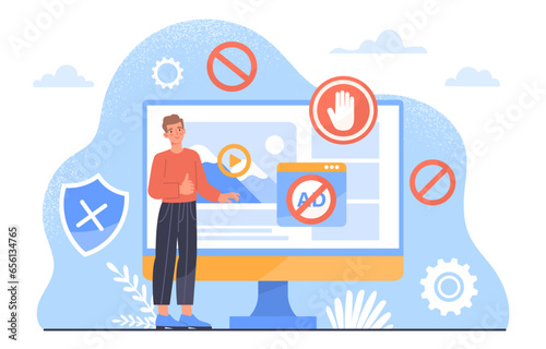 Stop web advertising concept. Man near computer monitor without ads in browser or at webpage. Protection for pc from banners and posters on Internet. Cartoon flat vector illustration photo