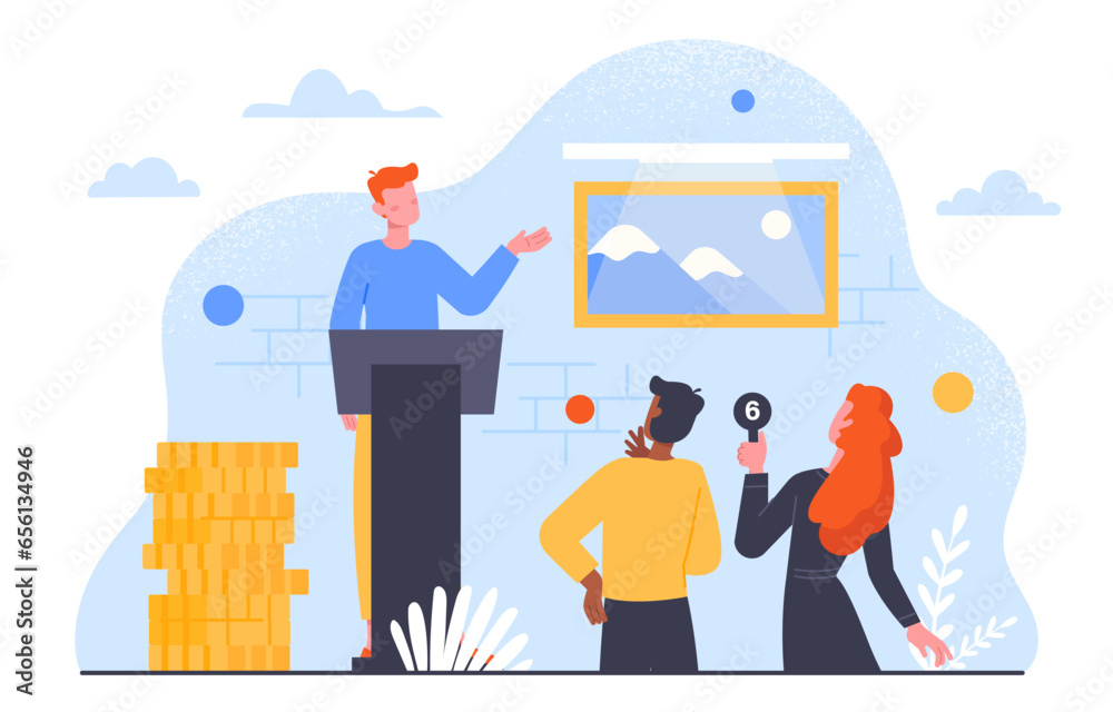 People at auction concept. Men and women offer their price for painting. Rich people buy work of art. Financial event for pictures. Poster or banner for website. Cartoon flat vector illustration