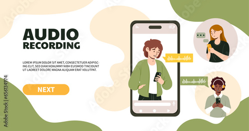Audio recording banner. Teenagers communicate on social networks and instant messengers using voice messages. Communication on internet. Landing page design. Cartoon flat vector illustration