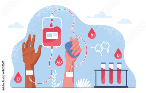 Blood donor hands concept. People donate their plasma for patients. Activists and volunteers near ackages with red liquid. Health care and medicne, treatment. Cartoon flat vector illustration