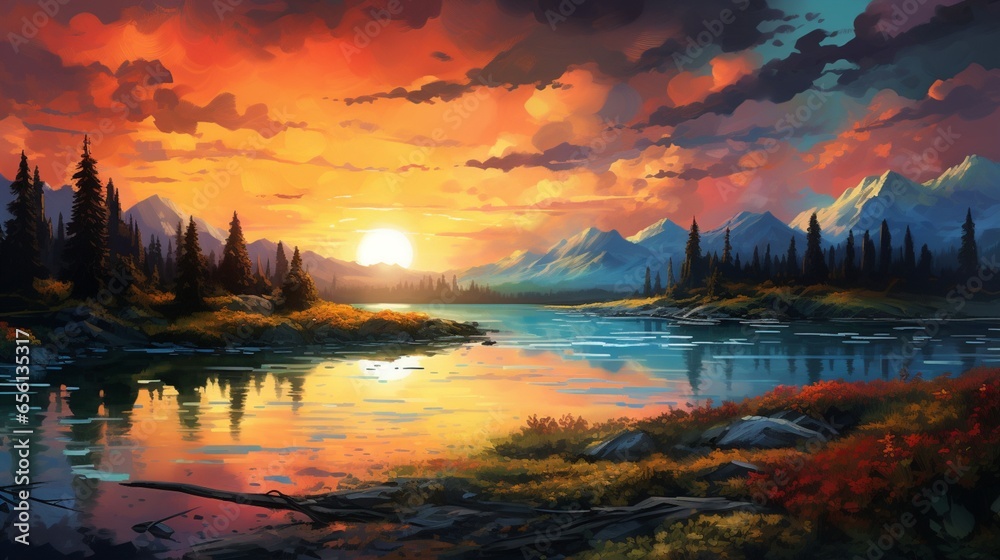 Sunsets of Never series. Landscape of virtual paint - obrazy, fototapety, plakaty 