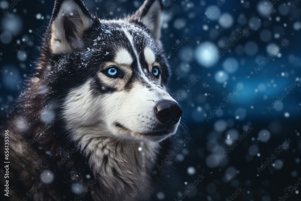 Husky dog with blue eyes looking at something in the distance with snow falling on it's face