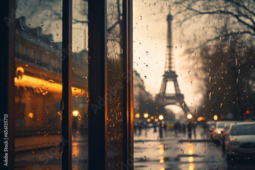 A rainy day in paris with the eiffel tower seen through a window with rain drops on the glass