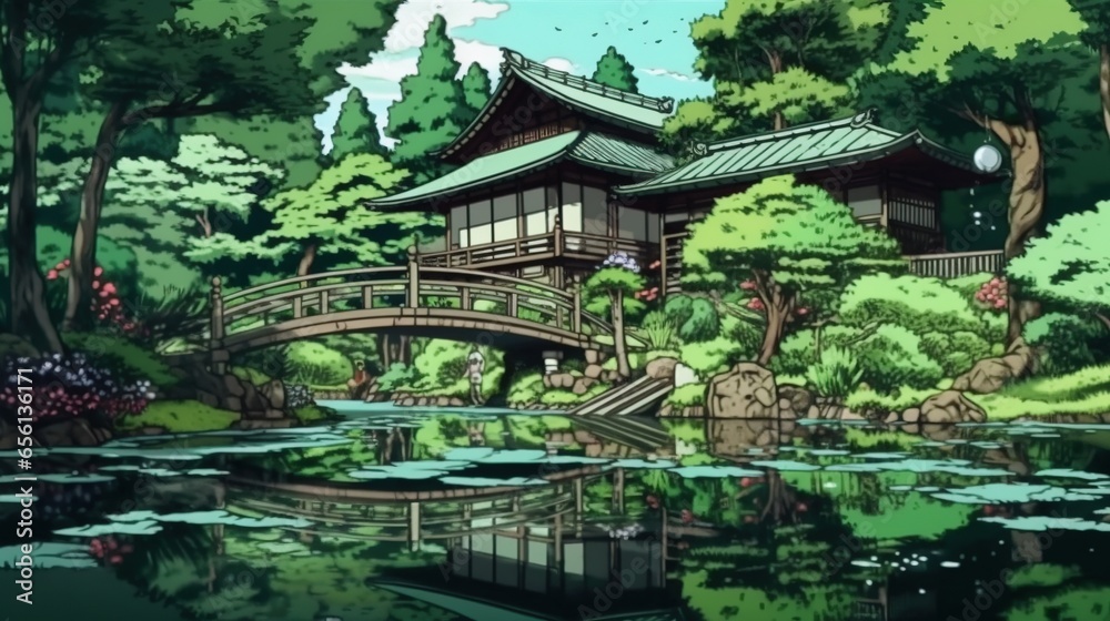 Serene Japanese gardens. Fantasy concept , Illustration painting.