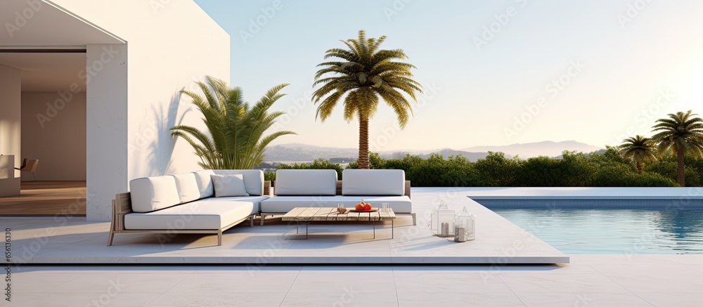 Modern house or hotel with luxury interior design featuring a concrete floor terrace and swimming pool against a white wall background with an empty picture frame nearby Modern house or hotel with luxury interior design featuring a concrete floor terrace and swimming pool against a white wall background with an empty picture frame nearby