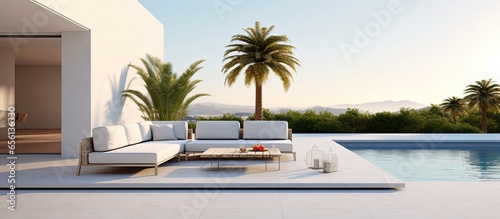Modern house or hotel with luxury interior design featuring a concrete floor terrace and swimming pool against a white wall background with an empty picture frame nearby