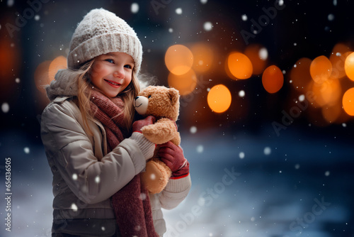 A young girl with a teddy bear in her hands smiling on a snowing happy holiday 