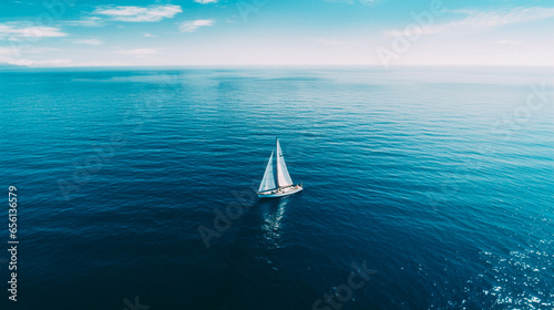 Aerial shot of a sailboat isolated in the middle of the ocean